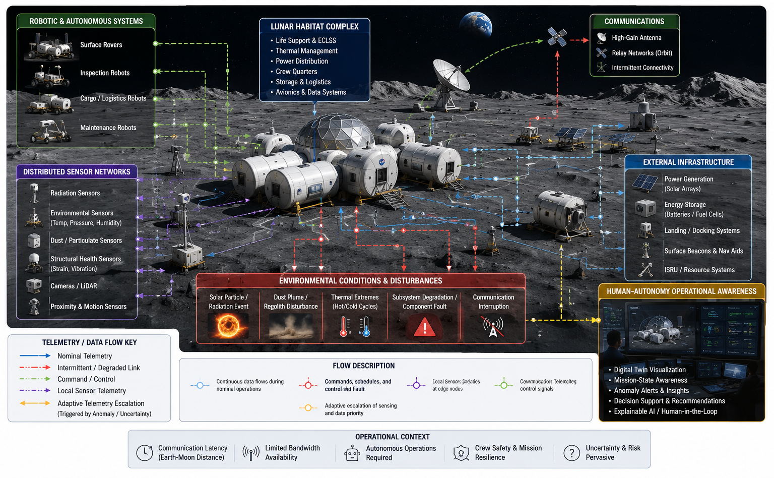 Representative distributed lunar habitat operational ecosystem illustrating habitat systems, robotic assets, and environmental sensing networks